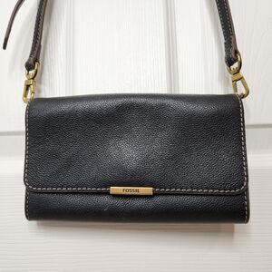 Fossil Crossbody Bag Wallet Clutch Black Leather